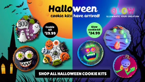 Halloween cookie kits have arrived! Get yours now in regular or GLOW - includes flashlight and edible glow paints.